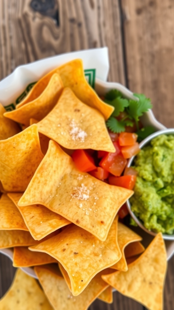 A bowl of golden homemade tortilla chips with salsa and guacamole on a rustic table.